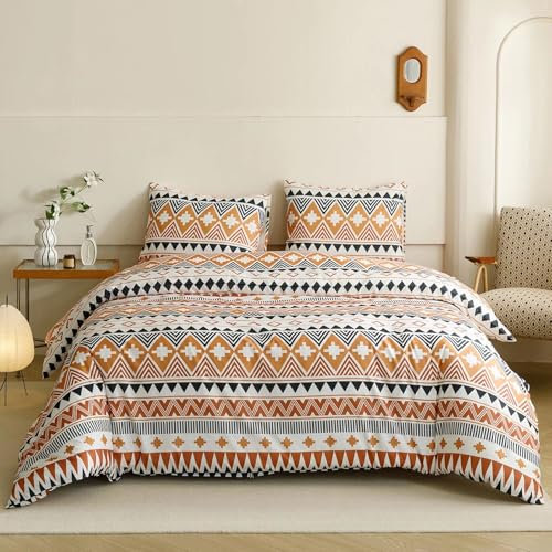 Luxlovery Azteken-Bettwäsche-Set, geometrisches Boho-Bettwäsche-Set, Beige, Schwarz, mehrfarbig, Bauernhausdecke, Steppdecken, weich, rustikal, 3-teiliges Bettdecken-Set