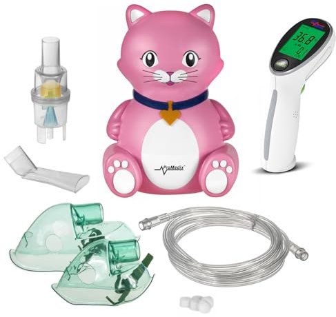 Promedix Kinder Inhalator + Infrarot-Thermometer Set | Leises Inhalergerät für die Familie | Kinderfreundliches Design, Inklusive Masken für Kinder und Erwachsene | Temperaturmessung (Katze)