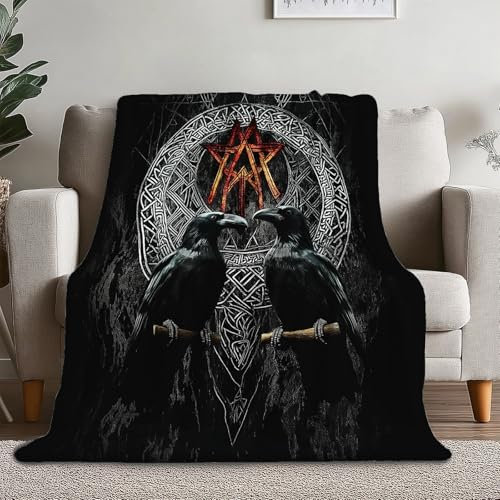 Kuscheldecke Erwachsene 3D Schwarz Flanelldecke Sherpa Fleecedecke Erwachsene 180 x 220 cm Weiche Microfaser Warmer Wohndecke Nordisch Wikinger-Krähenrune Motiv leichte und warme Wohndecke