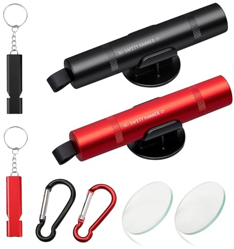 ZOCONE 2 Stück Notfallhammer Auto 2 In 1 Multifunktional Glasbrecher mit Gurtschneider Karabinerhaken Notfallpfeife Testglas, Tragbar Nothammer Klein Sicherheitshammer für Auto Busse (Schwarz Rot)