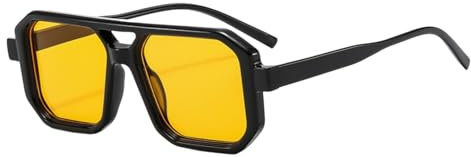 qinqilanqi-S Vintage Square Double Bridge Sonnenbrille Männer Frauen 70er Jahre flach Sonnenbrille Retro Pilotbrille(Schwarz/Orange)
