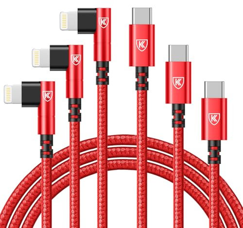 90 Degree USB C to Lightning Cable 10FT, iPhone Charger [Apple MFi Certified] 3Pack Fast Charging Cables Cord, Right Angle Braided USB C Lightning Cable for iPhone 14/13/12/11/Pro Max/Plus/8/7-Red