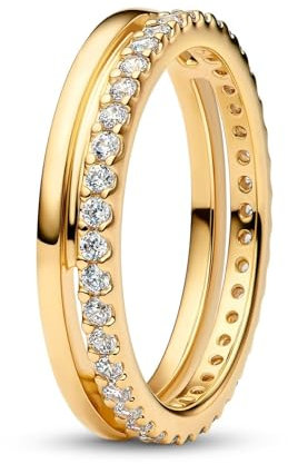 PANDORA Timeless Doppelbandring aus 14K vergoldetem Sterling Silber mit Zirkonia, Größe: 58, 163799C01-58