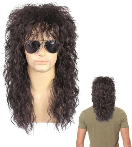 Lockige Perücke für Herren, 70er und 80er, 80er Jahre, Dunkelbraun, 70er und 80er Jahre, Dunkelbraun, lange lockige Perücke für Party, Halloween-Kostüm, Anime-Perücke
