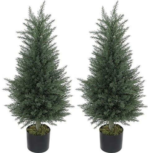 HOMCOM Set of 2 Decorative Artificial Plant, 90 cm Cypress Tree with 362 Leaves in Pot, UV-Resistant Plastic Fake Tree for Indoor Outdoor Home Office