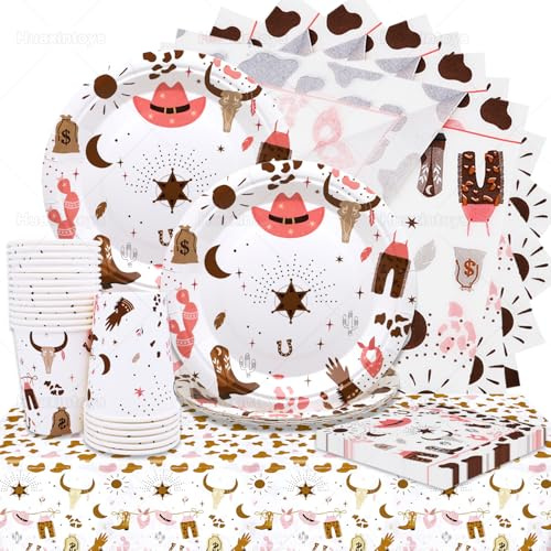 Huaxintoys 61 Pcs Cowgirl Vaisselle pour Fêtes D'anniversaire, Vaisselle de Fête Western Cowboy, Western Cowgirl Vaisselle, Vaisselle de Fête Rose Cowgirl, Pour Assiettes, Gobelets, Serviettes, Nappes