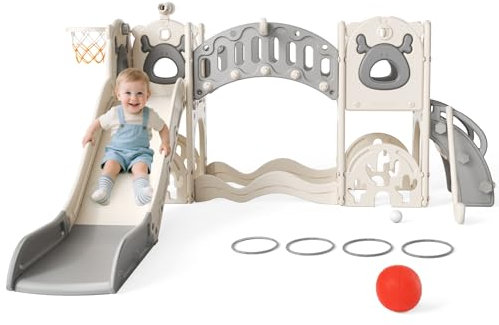 Toboggan pour Enfants, Toboggan autoportant pour Tout-Petits avec Long Pont d'escalade, télescope, Aire de Jeux pour bébé, toboggans de Jardin pour Enfants en Plein air (Gris-7)