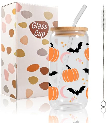 Halloween Pumpkin Bats Cups, 16 oz Halloween Spooky Coffee Glass with Lids Straws, Halloweens Spooky Gifts Pumpkin Mug, Gothic Gifts for Women