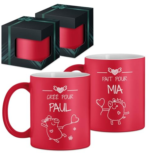 Maverton 2x Tasse Personnalisable, Ensemble de Mugs Café pour couple | Monsieur et Madame, Personnalisé, Cadeau Mariage, Cadeau Couple, Tasse à Café 330ml avec coffret cadeau, rouge mat, prénoms