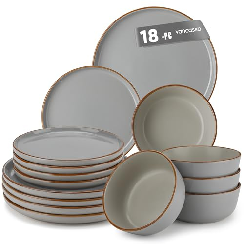 Geschirrset 6 Personen, vancasso RENO 18-teiliges Steingut Geschirr Set, Tafelservice Modern, Speiseteller, Dessertteller, Müslischalen, Kratzfest, Spülmaschinenfest & Mikrowellengeeignet, Grau