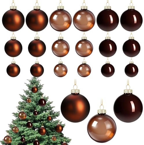 Seenelling 18 Pcs Glass Christmas Ball Ornament Set 1.18'' 1.57'' 2.36'' Christmas Tree Decoration Baubles Shatterproof Hanging Glass Balls Bulk for Xmas Tree Party Holiday Decor Gifts(Brown)