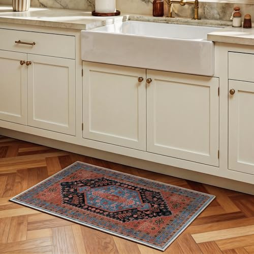 Decoranddecor Traditional Washable Rug 60x90cm Bedroom Bath Non-Slip | Orange Bath & Bedside Mat, Machine Washable Rug, Area Rug, 6mm Low Pile, Pet Friendly, Stain Resistant