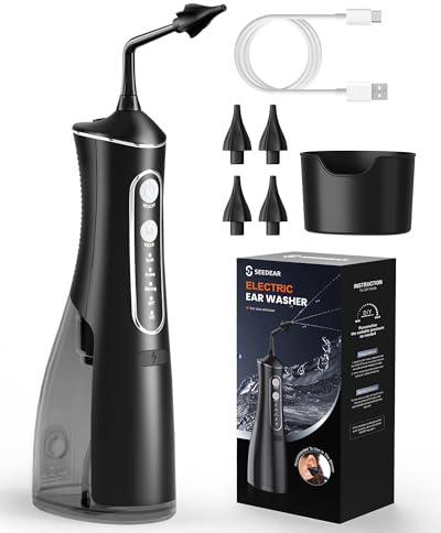 SEEDEAR Electric Ear Wax Removal Kit, IPX7 Waterproof Ear Irrigation System, 4 Pressure Modes, 300mL Large Tank, 4 Reusable Soft Tips, for Adults & Kids, Safe Home Ear Cleaning Tool (Black)