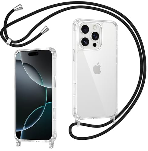 Coiwxmoi Handyband für iPhone 14 Pro Max Hülle mit Band, Ultra Dünn Transparent [Anti-Vergilbung] Handyhülle mit Kordel zum Umhängen TPU Bumper Stoßfeste Schutzhülle für iPhone 14 Pro Max, Schwarz