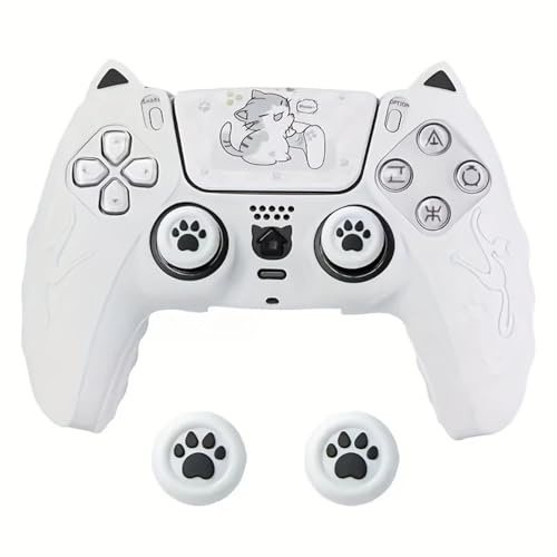 Mignonne Housse en Silicone sur le Thème des Chats pour Manette PS5 avec Poignées pour Pouces et Autocollants pour Touchpad - Housse de Protection Souple et Confortable Antidérapante et