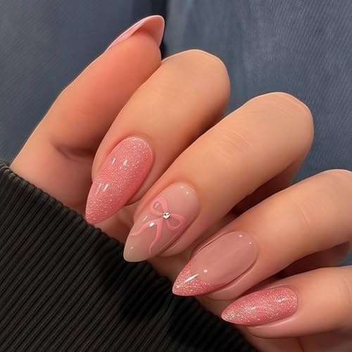SXVME Valentines Press on Nails Medium Almond, Baby Pink Cat Eye French Tip False Nails Almond, Cute Bow Crystals Pattern Full Cover Glitter Stiletto Fake Nails Designed for Women Party, 24 Pcs