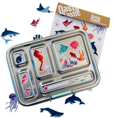 NastyPlastic Brotdose Kinder Edelstahl, auslaufsichere Bento Lunchbox mit 5 festen Fächern, SUS 304, 2 Döschen & Sticker, Maße und Gewicht bitte vor Kauf prüfen