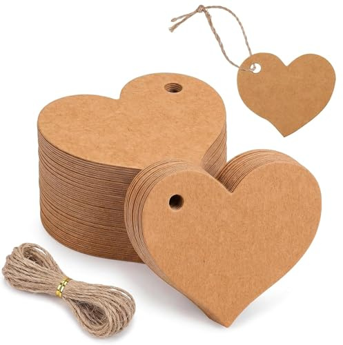 LOMSUXA 100 Stück Geschenkanhänger Herz Kraftpapier mit 20m Schnur, Herzanhänger zum Beschriften für Hochzeit, Geburtstag & Valentinstag, Kraftpapier Anhänger Etiketten für DIY Geschenkverpackung
