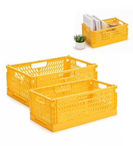 PIANKEKE 2 Pcs Collapsible Storage Box Yellow, Plastic Stackable Folding Storage Crates with Handles, Foldable Storage Baskets for Office Kitchen Bathroom Desktop, 12 x 7.87 x 4.53 Inch