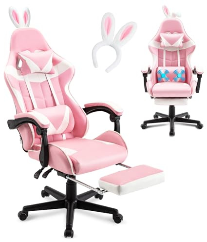 Huracan Gaming Stuhl mit Massagefunktion, Ergonomisch Gaming Chair PC Stuhl mit Memory-Schaum, PU-Leder, Gamer Sessel Höhenverstellbar, Verstellbare Rückenlehne, Armlehnen & Fußstütze für Gamer, Pink