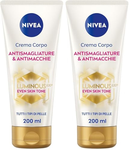 NIVEA Luminous630 Crema Corpo Antismagliature & Antimacchie 200 ml, Crema smagliature, macchie solari e macchie scure, Crema antimacchie e idratante 48h per una pelle più uniforme (Confezione da 2)