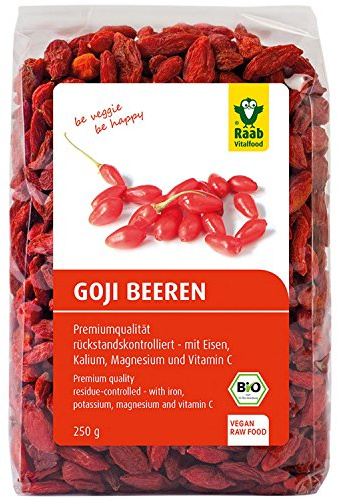 Raab Vitalfood Bio Goji-Beeren, Premium-Qualität rückstandskontrolliert, laborgeprüft, ungeschwefelt, ohne Zusätze, vegan, reich an natürlichem Eisen, Kalium, Vitamin C, Wolfsbeere, 1er Pack (250 g)
