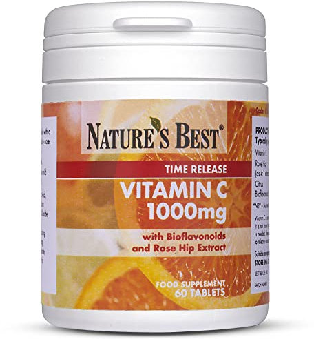 Premium Vitamin C 1000mg Time Release, with Rosehips & Bioflavonoids - 60 Tablets, 1-2 Months Supply - Extended Release for Long-Lasting Vitamin C - Small, Easy to Swallow, Taste-Free Tablets (60)