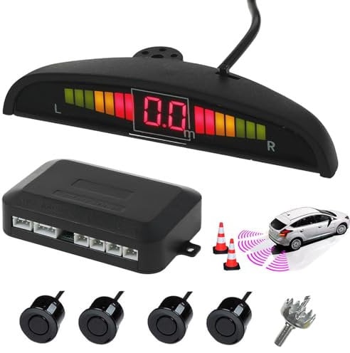 AUTOUTLET Capteurs de Stationnement de Voiture,Radar de Recul Voiture Inverse Arrière 4 Capteurs Kit Audio Buzzer Alarme Affichage LED, DC 12V, Car Parking Sensors,Noir