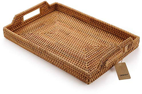 Serviertablett Rechteckiges Tablett rutschfest Mit Griff, Rattan (Natürlich, 37x26x3.5cm)