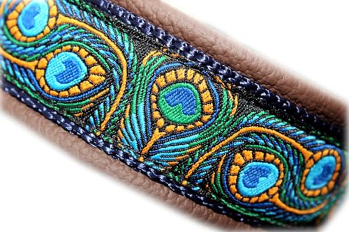 Hundehalsband Leder Peacock Pfau Feder Braun Blau Gelb Türkis Gold Messing Zugstopp