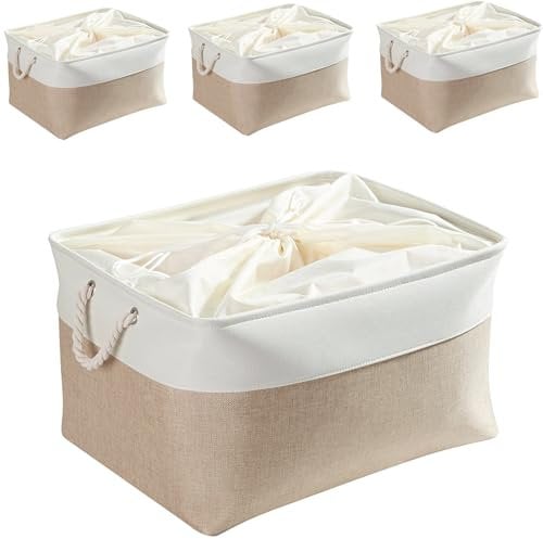 Mangata jumbo Storage Box set of 4, Canvas Fabric Storage Baskets with Handles for Cupboards, Wardrobe, Shelves, Bathroom, Clothes, Toys, Towel (Foldable, Light Khaki White)