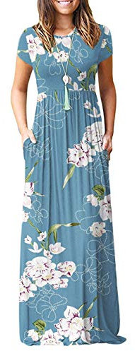 AUSELILY Maxi Dress for Women - Summer Casual Long Dresses for Ladies with Pockets XXL Floral Light Blue