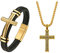 Aroncent Herren Armband Halskette Set mit Kreuz Anhänger Geflochten Lederarmband Edelstahl Armreif Männer Schmuck Set
