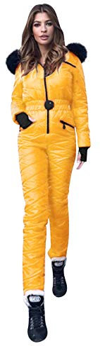 Lazzboy Skianzug Damen Schneeanzug Skioverall Skifahren Skianzüge Overall Jumpsuit Snowboard Skisuit Einteiliger Hoodie Winter Warme Schnee Outdoor Sports Ski Anzug (Gelb,M)