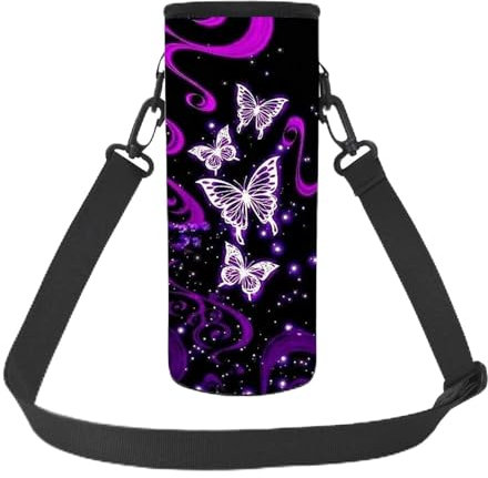 NETILGEN Purple Butterfly Water Bottle Carrier Bag Case Insulated Bottle Cover Sleeve Tote Bag Pouch Holder with Adjustable Shoulder Strap, for Stainless Steel/Glass/Plastic Bottles