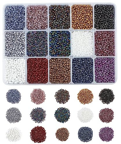 NBEADS 300g 2mm Perles de Rocailles en Verre, 15 Styles Petites Perles de Poney Petites Perles Artisanales Rondes Minuscules Perles Ffor Bracelets Colliers Fabrication de Bijoux et Artisanat