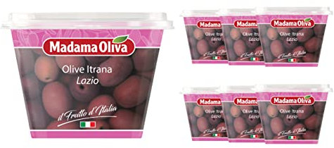 MADAMA OLIVA, Olive Itrana dal Colore Nero Rosato e dal Sapore Tipico, Ideale da Utilizzare nei Sughi, Cani Bianche e di Cacciagione, 100% Made in Italy, 6 x 250 gr