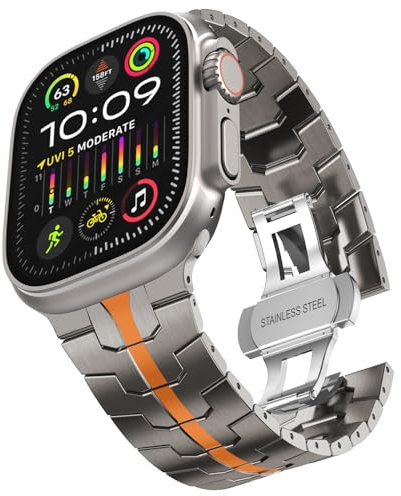 KADES Edelstahl armband für Apple Watch Ultra 2 Armband,Herren Gliederarmband für Apple Watch Ultra Armband,Metallarmband für iwatch series 10 46mm,9/8/7 45mm,6/5/4 44mm,3/2/1 42mm, Titan/Orange