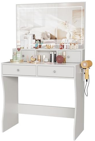 JoliJour Schminktisch mit Beleuchtung LED + Aufladestation, Weiß Schminktisch mit Spiegel, Schminken Tisch mit led, Frisiertisch mit Spiegel, Kosmetiktisch mit Schubladen, Make-up Tisch Modern