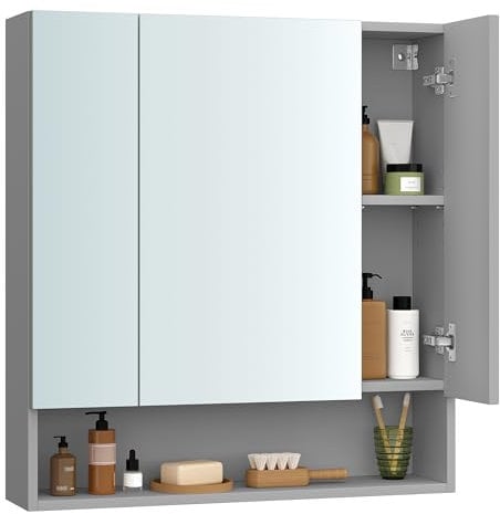 VASAGLE Kailyn Kollektion - Badezimmerschrank mit 3 Türen, Spiegelschrank, Badschrank, offenes Fach, verstellbare Ablagen, 16,5 x 70 x 75 cm, Taubengrau BBK129G01