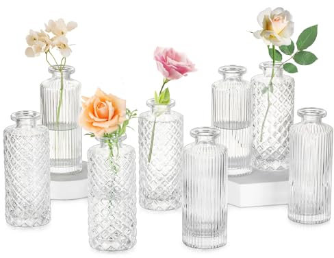 Glasseam Kleine Vasen für Tischdeko, 8 Stück Deko Vase Glas, Klar Blumenvase Vintage Glasvasen Dekorieren, Kristall Blumenvasen Klein Minivasen für Hochzeit Tafelaufsätze Party Wohnzimmer Dekor