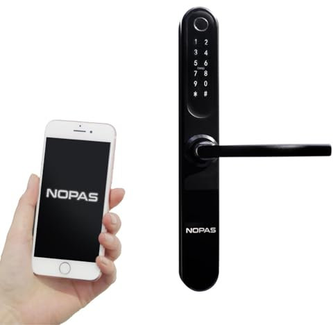 NOPAS Weatherproof Slimline Smart Lock - Electric Door Locks with Keyless Design, Entry Using Fingerprint/PIN Code/Phone/Bluetooth/Fob or Card, Suitable for Indoor or Outdoor/Front Door/Bedroom