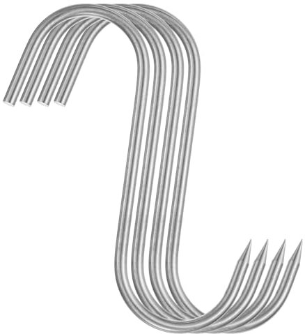 sourcing map 4Pcs Meat Hooks 7.9 Inch 8mm Stainless Steel Smoking Hook Butcher Hook Meat Processing Butcher Hook Hanger Hooks for Smoking, Grilling, Beef, Rib, Barbecue