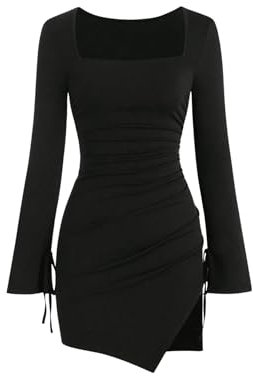 GORGLITTER Women's Square Neck Ruched Asymmetrical Dress Long Sleeve Bodycon Pencil Mini Dresses Black S