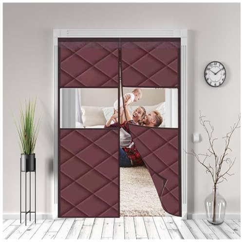 Magnet Thermo Rideau De Porte avec fenêtres transparentes,noir W145xH225cm Rideau Isolant Thermique Froid Protection La Vie Privée Thermique Isolation De Porte Rideau Rideaux Acoustiques pour Balcon
