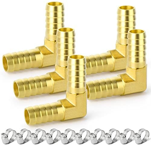 ERGAOBOY 5 ugelli a gomito in ottone da 6 mm, a 90 gradi, 2 vie a forma di L, raccordo per tubo flessibile con 10 morsetti