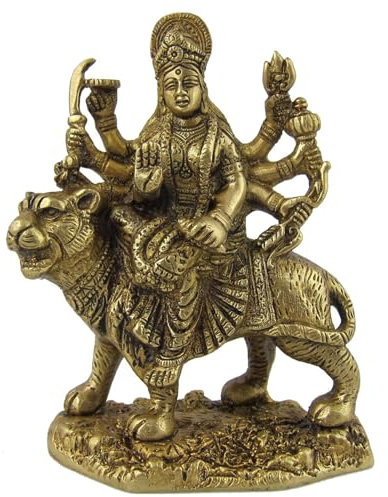 Zap Impex Handgefertigte Durga-Statue aus Messing, Göttin der Weisheit, auf Tiger reitend, für Heim, Büro oder Tempeldekoration, Antik-Gold-Finish