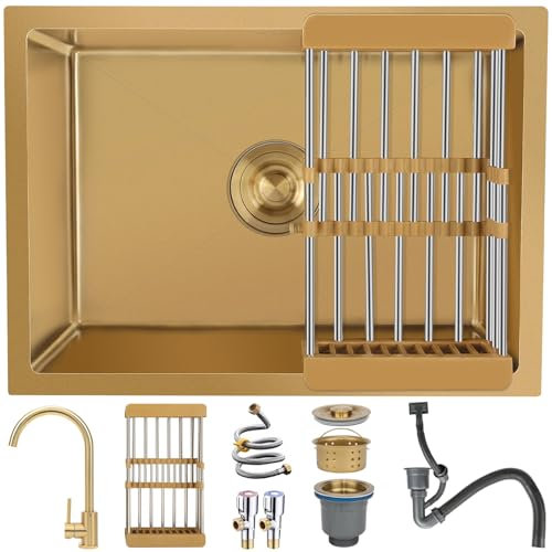 Fregadero ¡Cocina 60x40cm, fregadero dorado de acero inoxidable 201, con escurridor y sifón