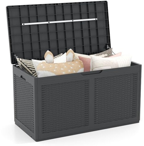 HOMASIS 380L Auflagenbox mit Rollen, XXL Gartenbox aus PP-Rattan wetterfest, abschließbar Aufbewahrungsbox mit Deckel, Kissenbox Kissentruhe Auflagentruhe Gartentruhe, 111 x 56 x 61 cm (Grau)