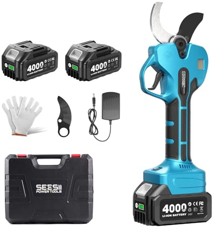 SeeSii Akku Astschere 50mm, Elektrische Gartenschere mit 2x4000 mAh Batterien, SK5 Bypass-Klingen, 21V Li-Ion Baumschere, LCD Display, 800W Bürstenloser Astschneider für 6-8 Stunden Gartenarbeit